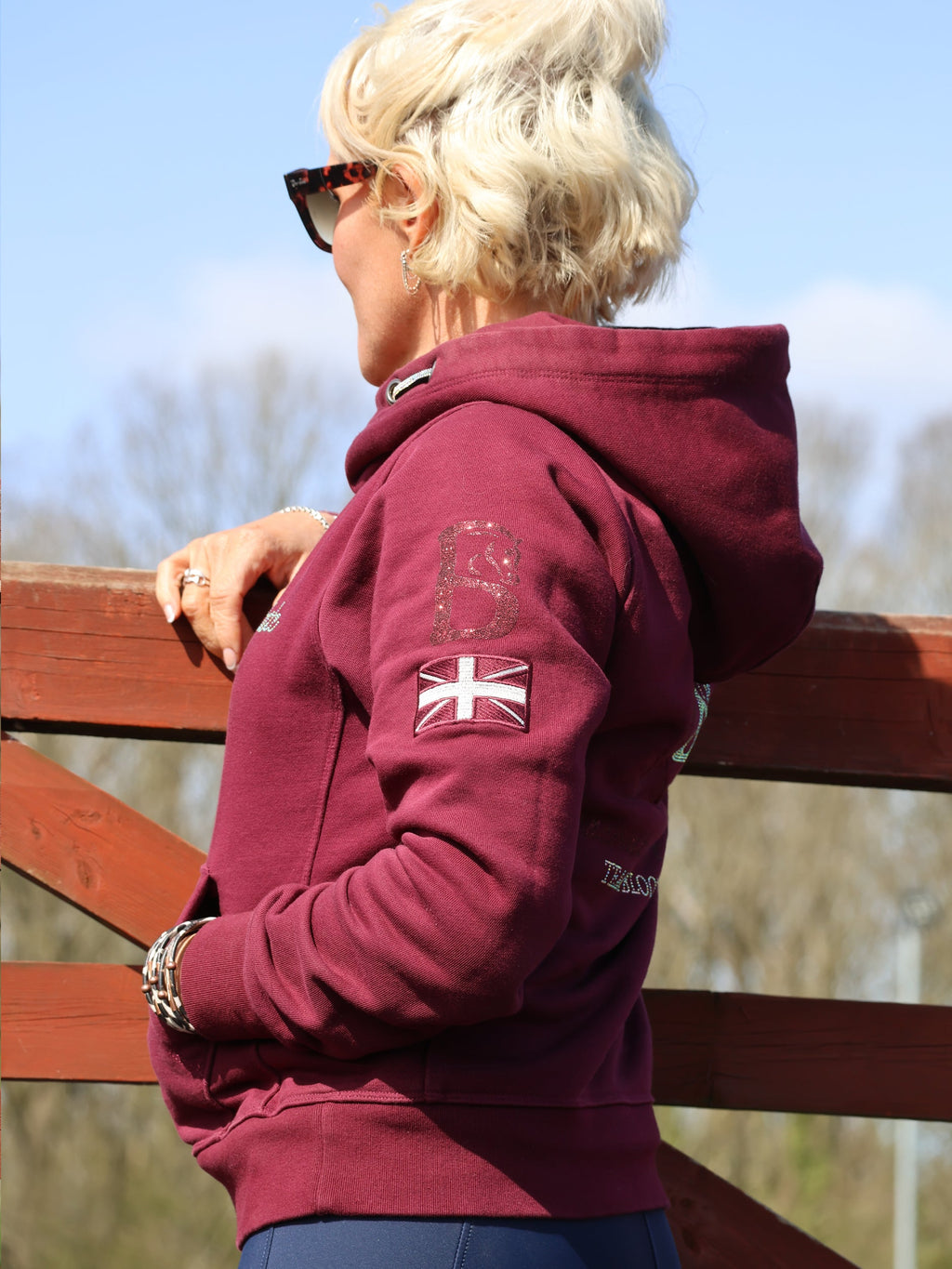 Amelia Burgundy & Rhinestones Cross Necked Hoodie