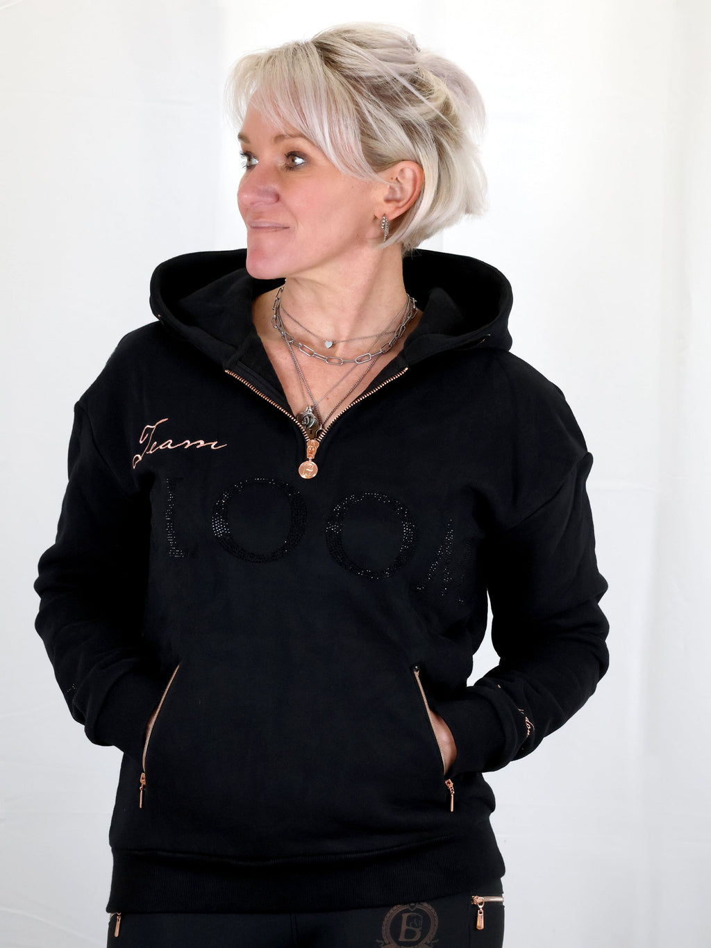 Luna - Rhinestone Logo Hoodie in Black & Rose Gold