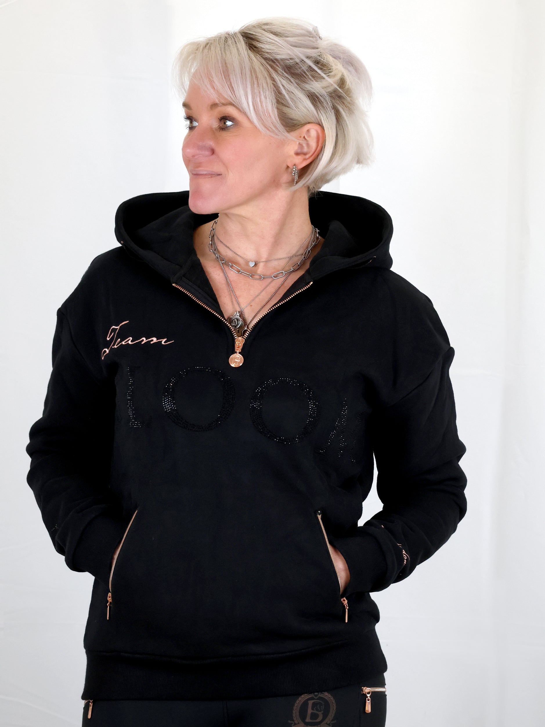Luna - Rhinestone Logo Hoodie in Black & Rose Gold