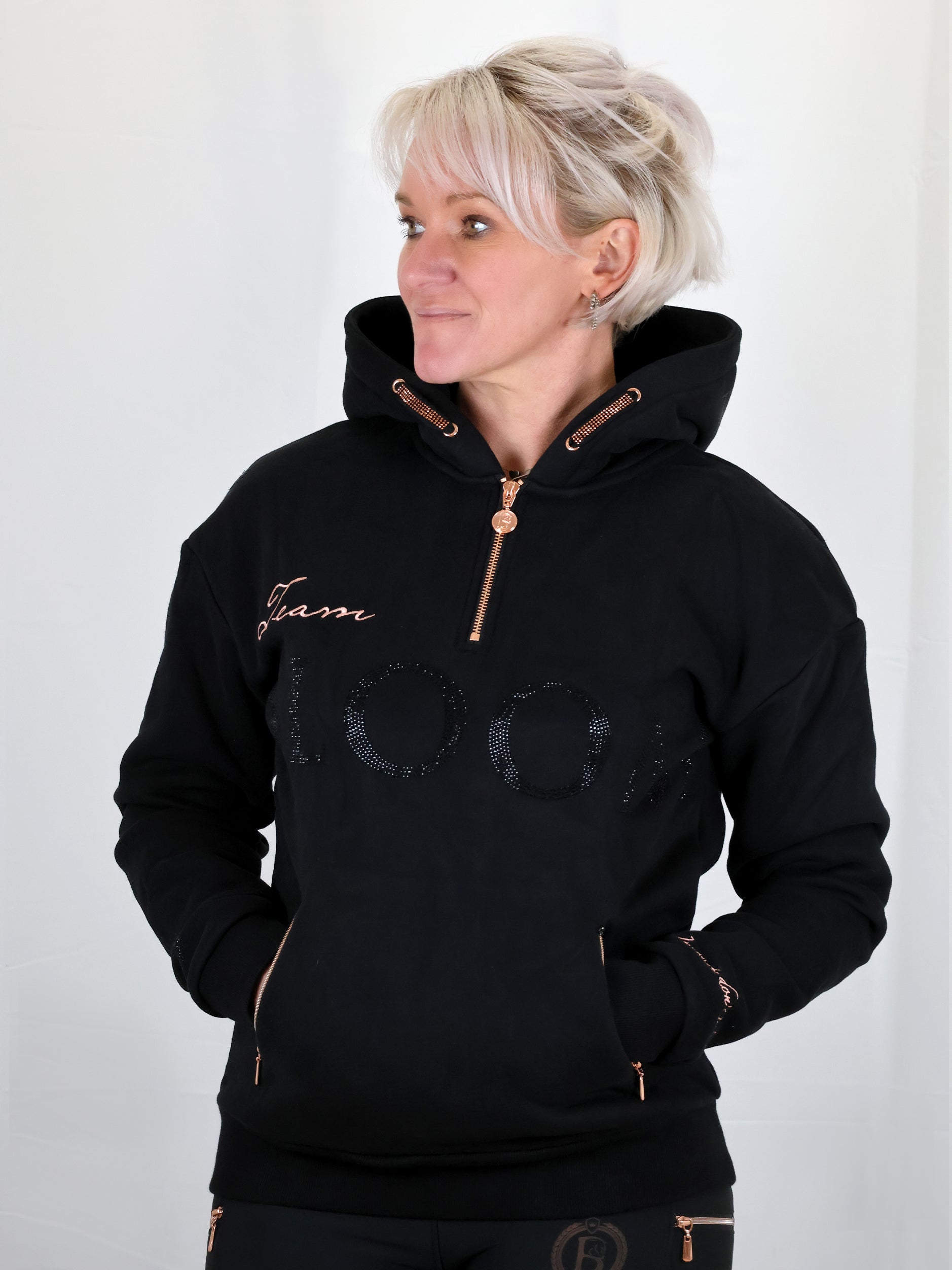 Luna - Rhinestone Logo Hoodie in Black & Rose Gold