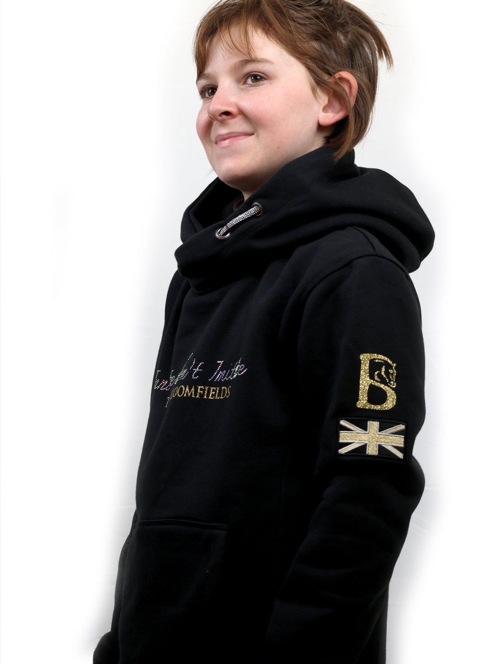 Kids Amelia Black With Rhinestones & Gold Cross Necked Hoodie