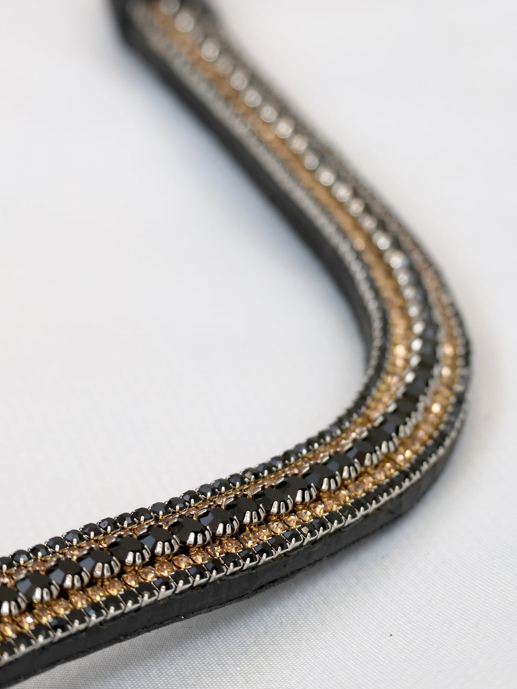 Browband- Black & Gold Crystal V Shape in Black Leather