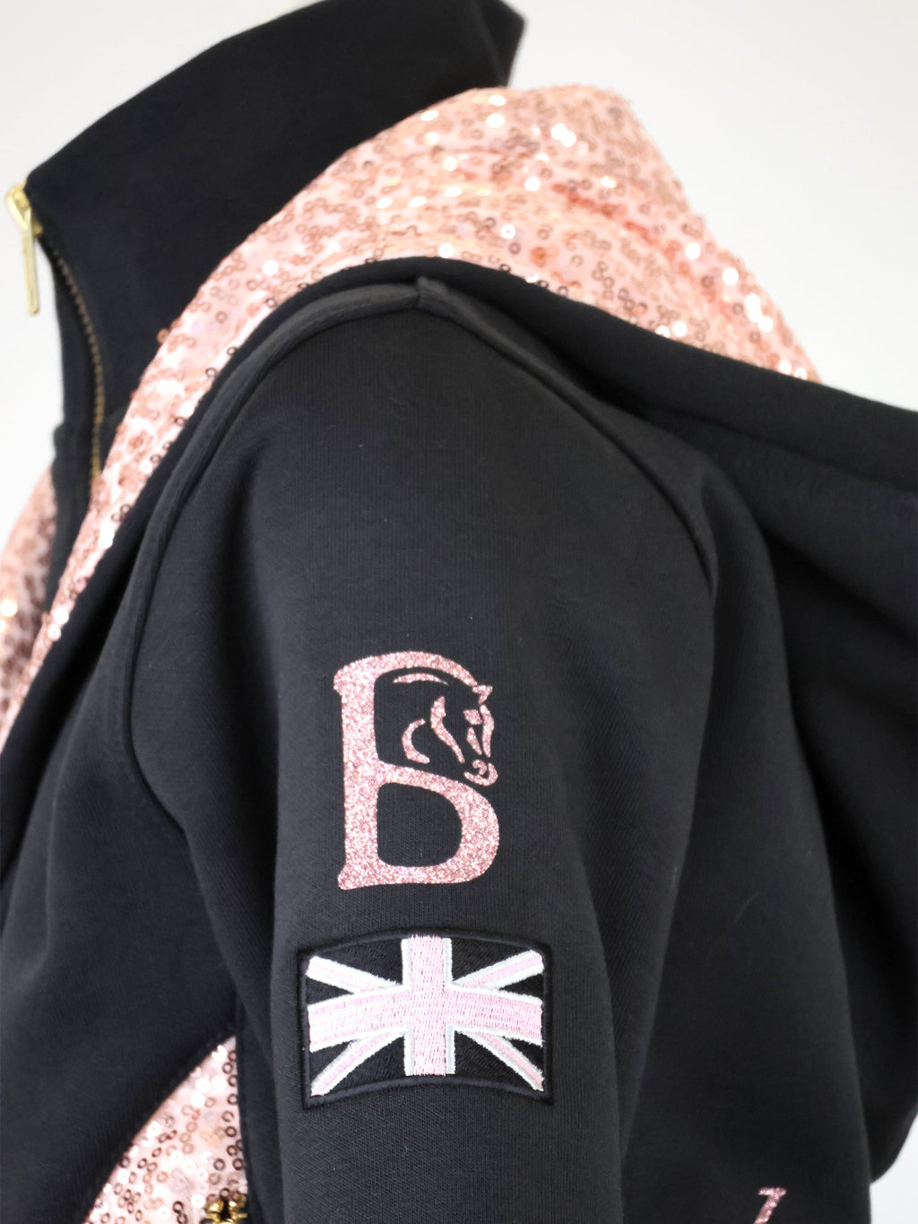 Kids Arabella Black & Rose Gold Double Collar Fitted Zip Hoodie
