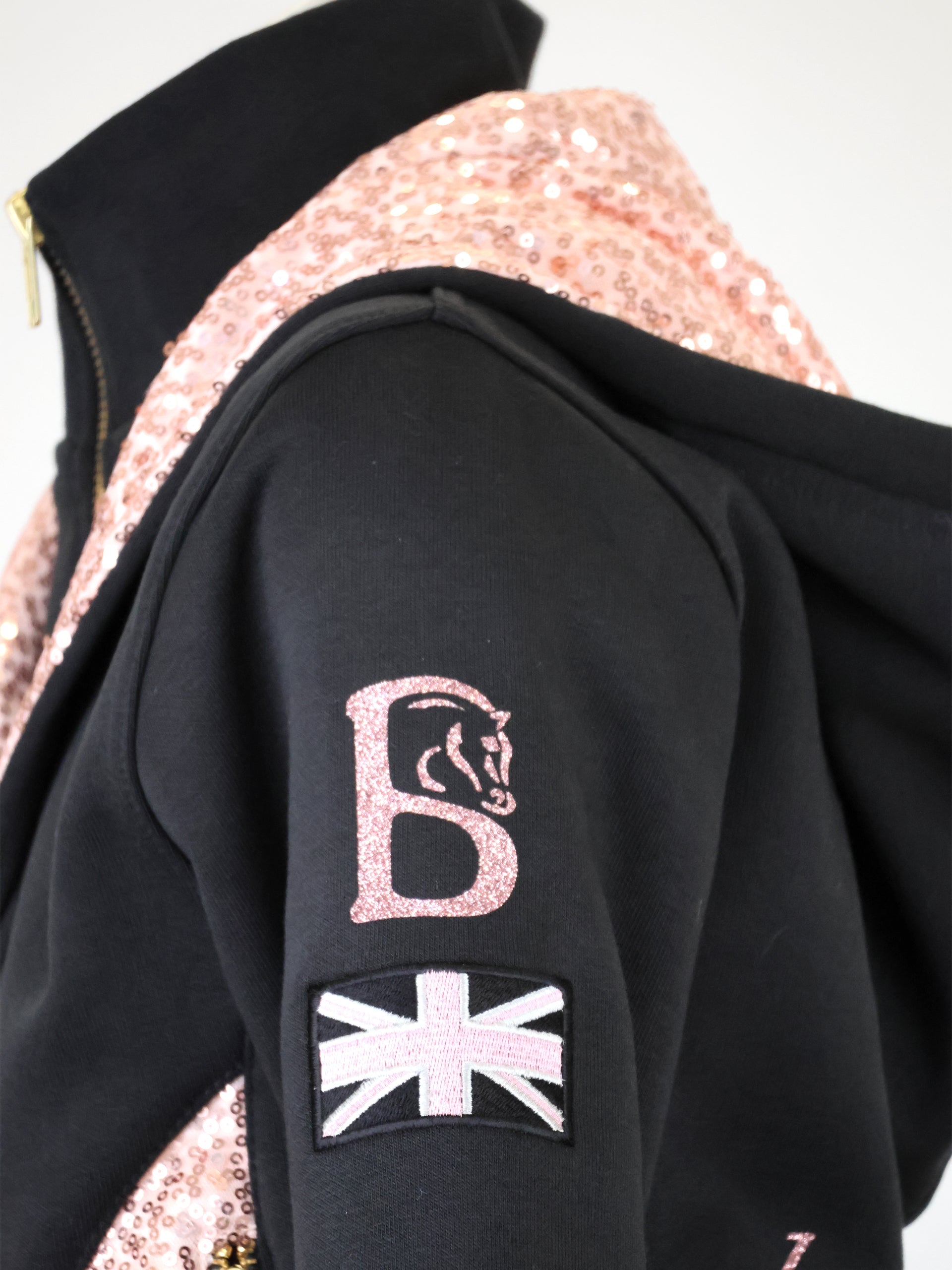 Kids Arabella Black & Rose Gold Double Collar Fitted Zip Hoodie