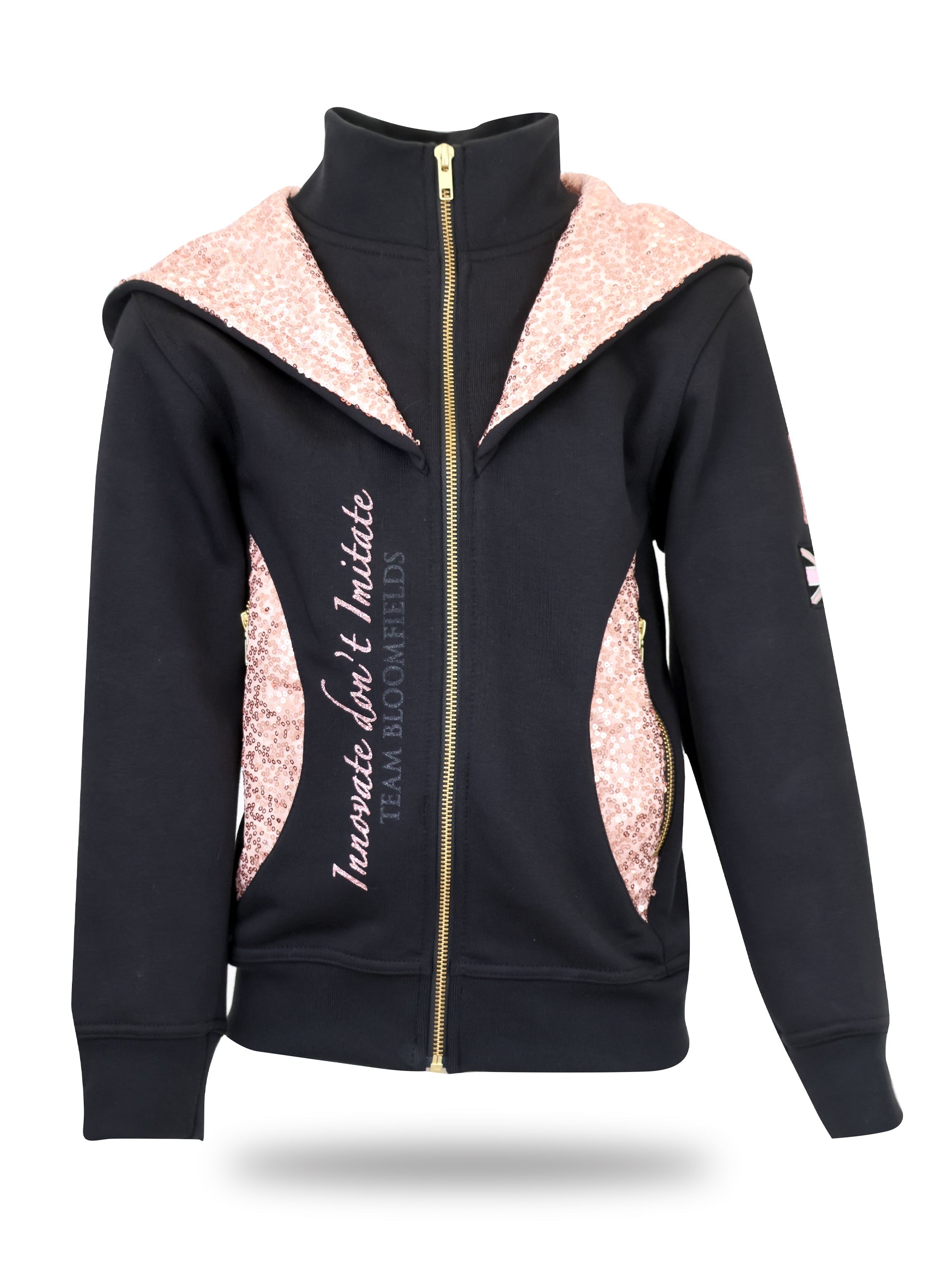 Kids Arabella Black & Rose Gold Double Collar Fitted Zip Hoodie