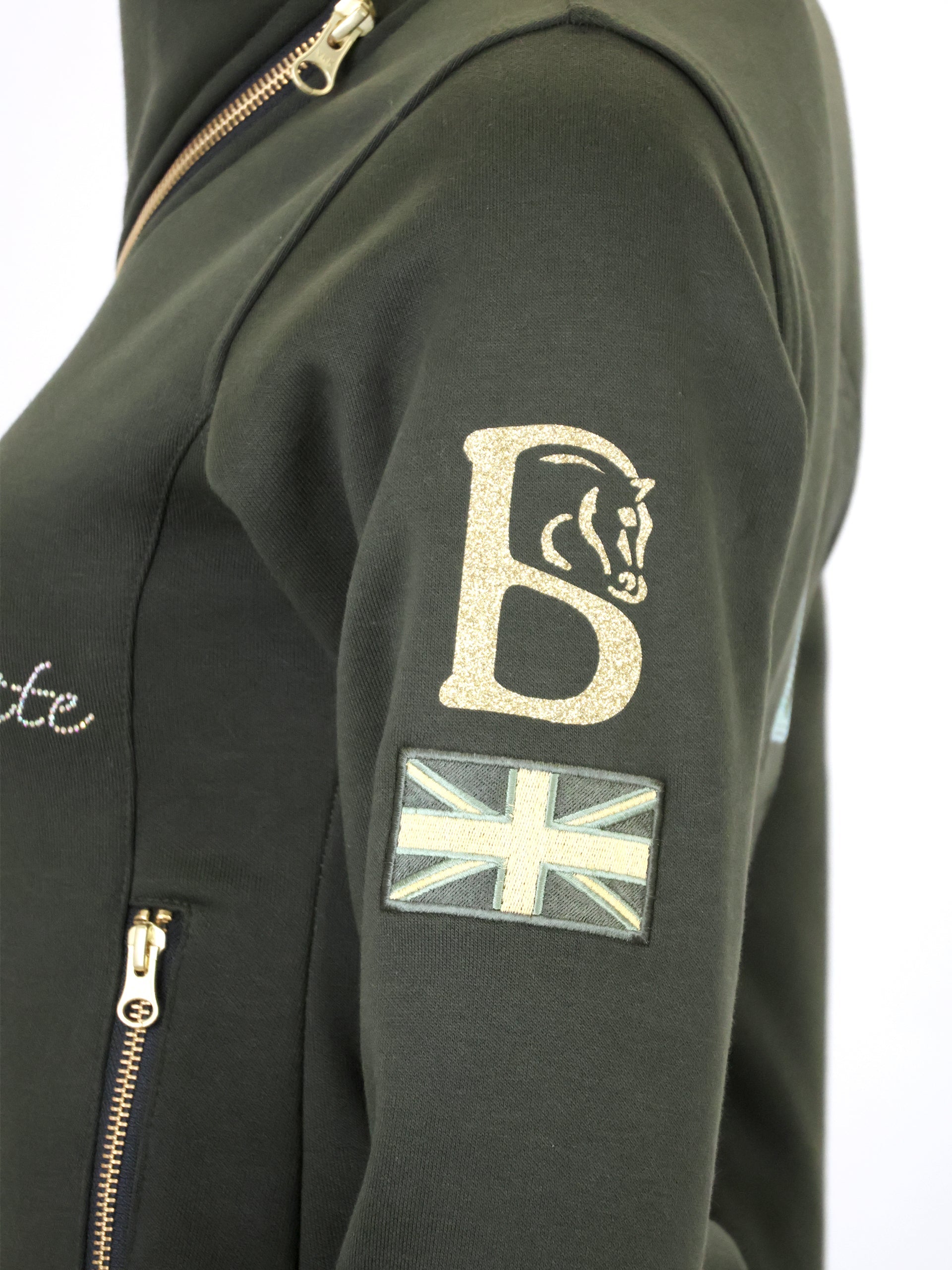 Eleanor in Olive & White Rhinestones & Diagonal Quarter Zip Top