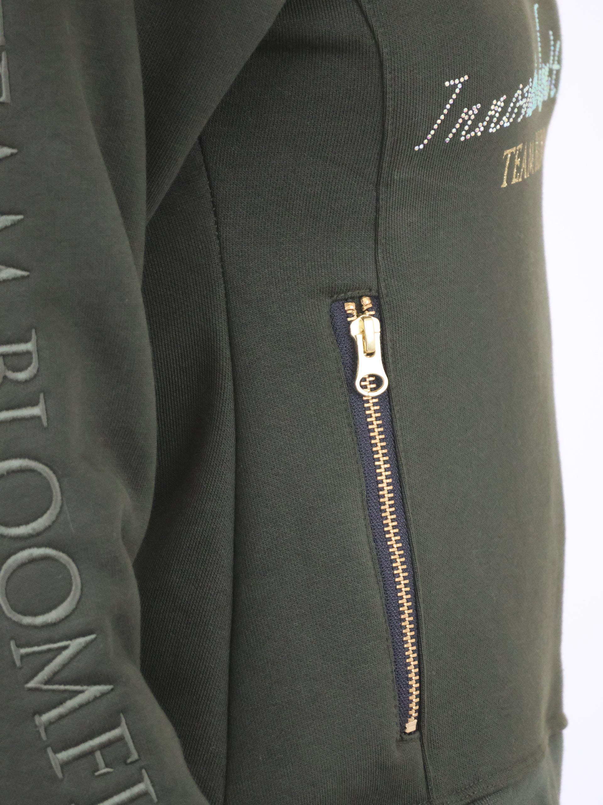 Eleanor in Olive & White Rhinestones & Diagonal Quarter Zip Top