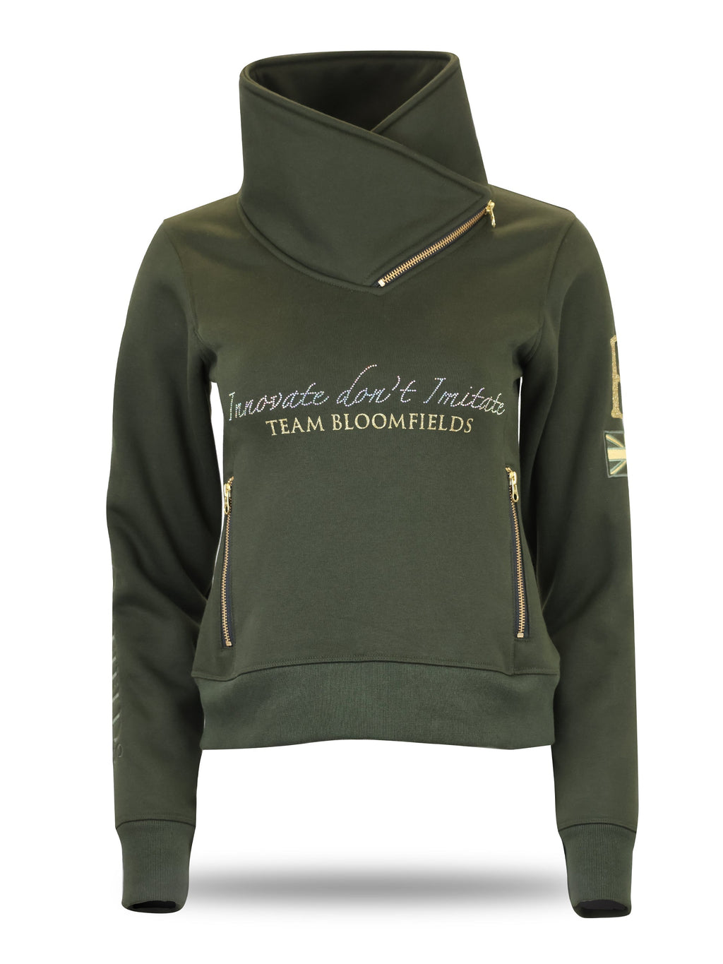 Eleanor in Olive & White Rhinestones & Diagonal Quarter Zip Top