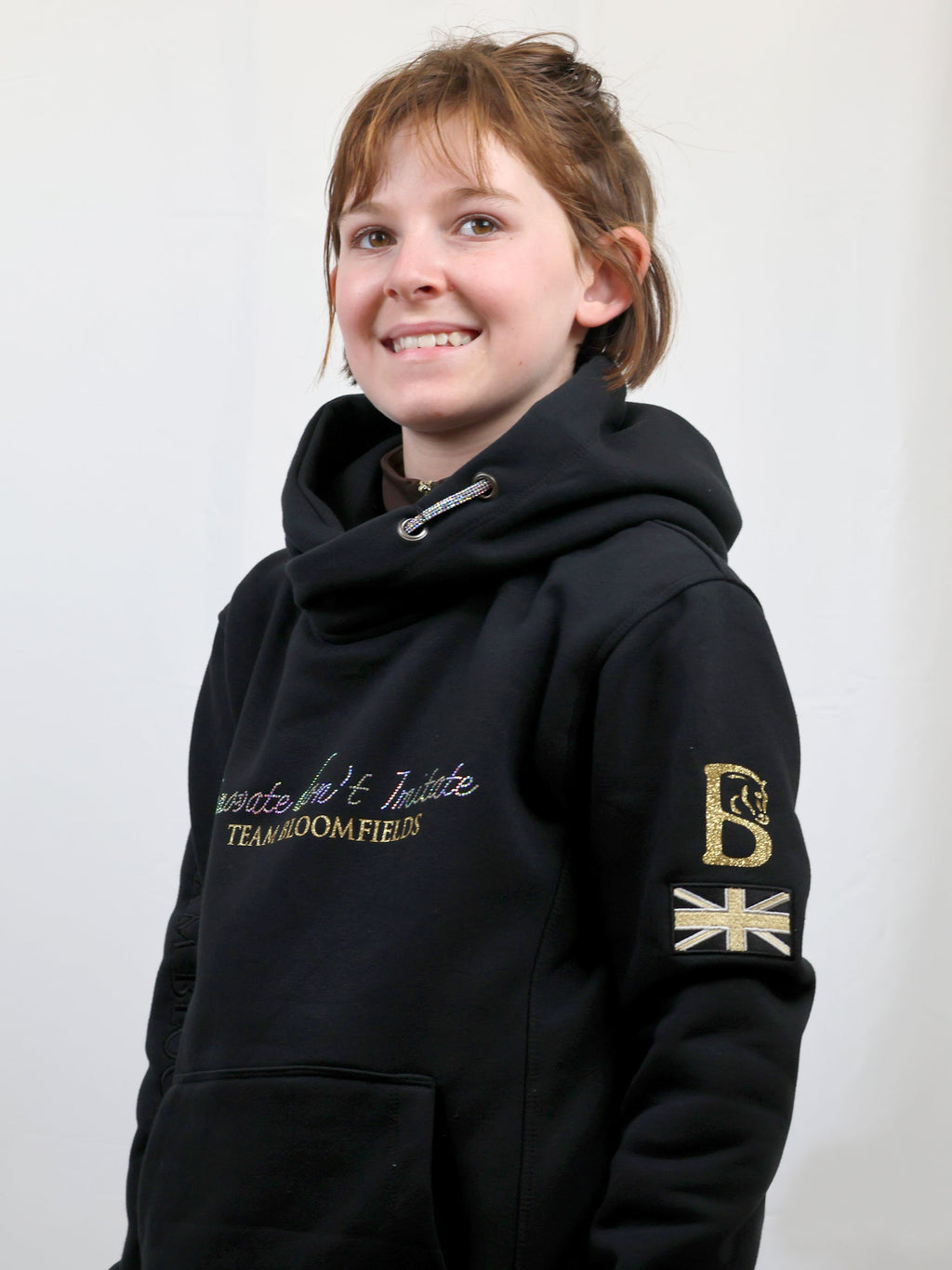 Kids Amelia Black With Rhinestones & Gold Cross Necked Hoodie