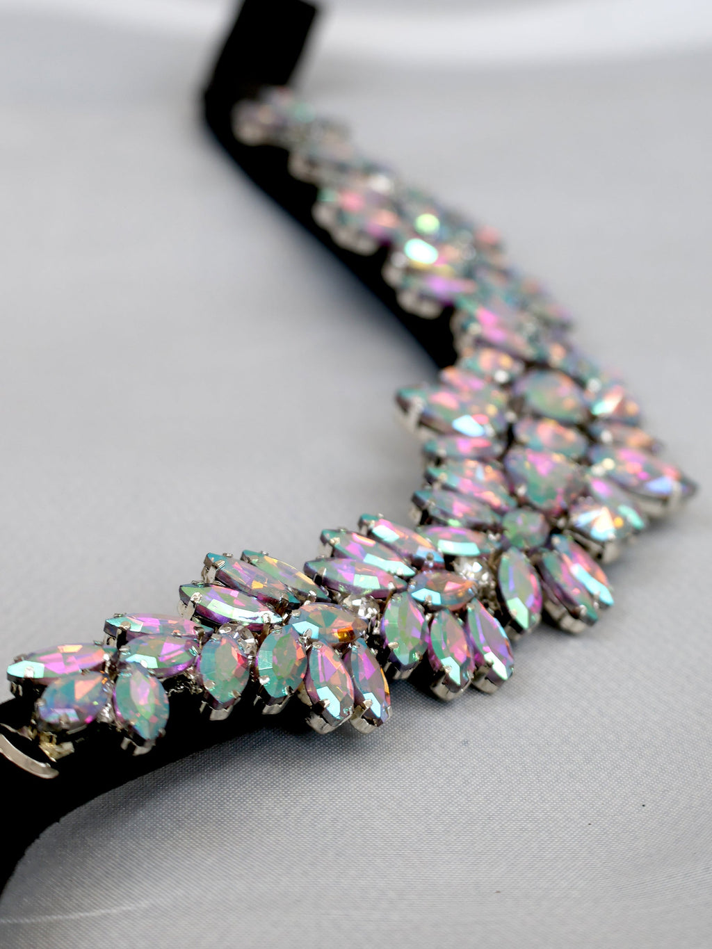 Browband- Iridescent Rainbow Crystal V Shape in Brown Leather