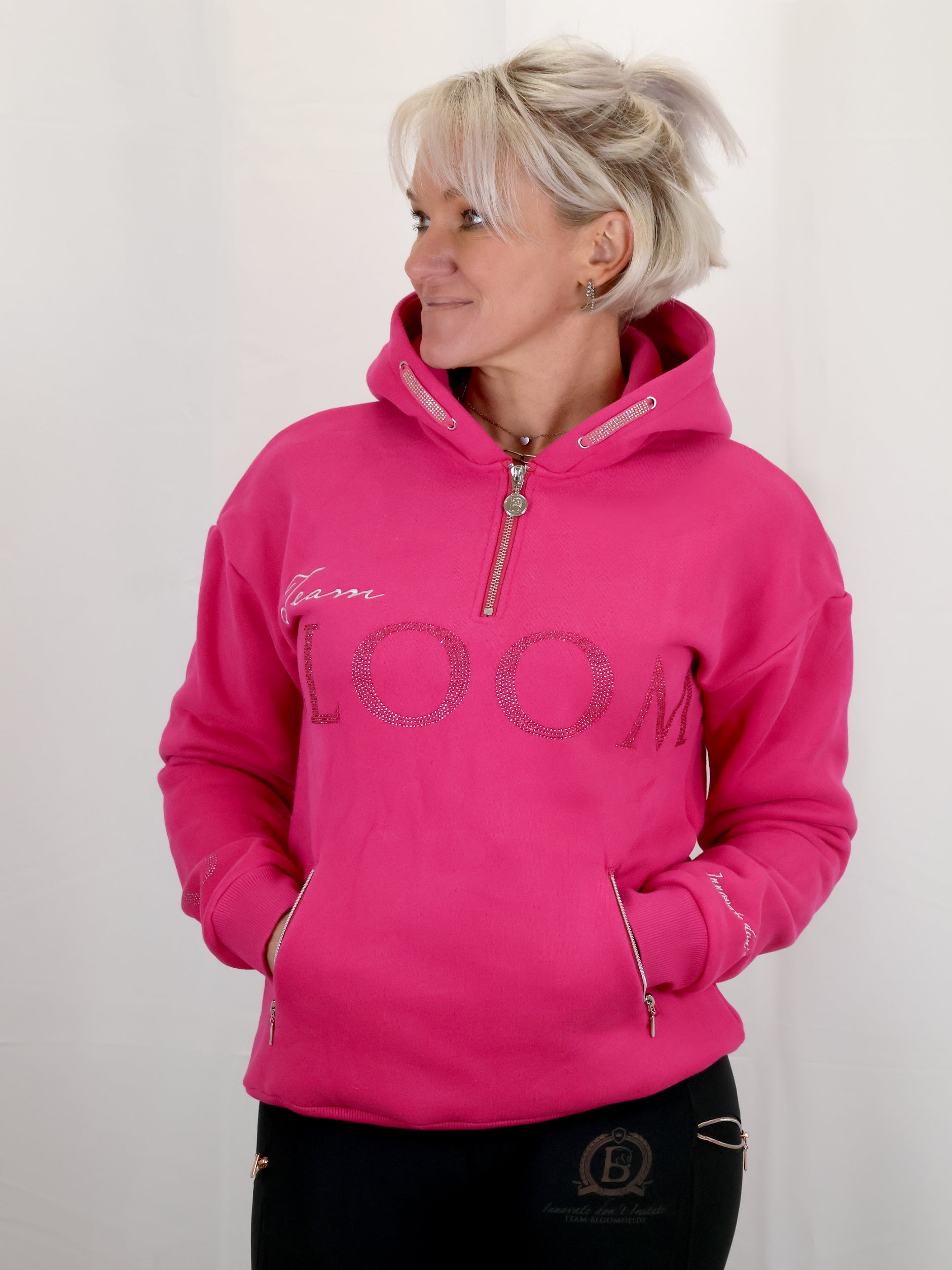 Luna - Rhinestone Logo Hoodie in Hot Pink