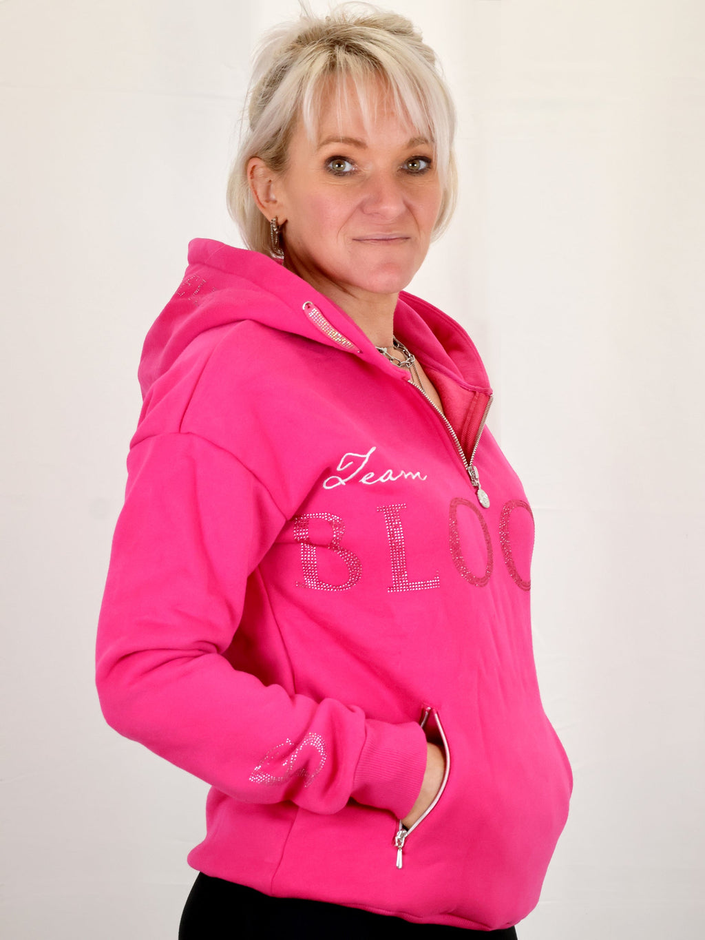 Luna - Rhinestone Logo Hoodie in Hot Pink
