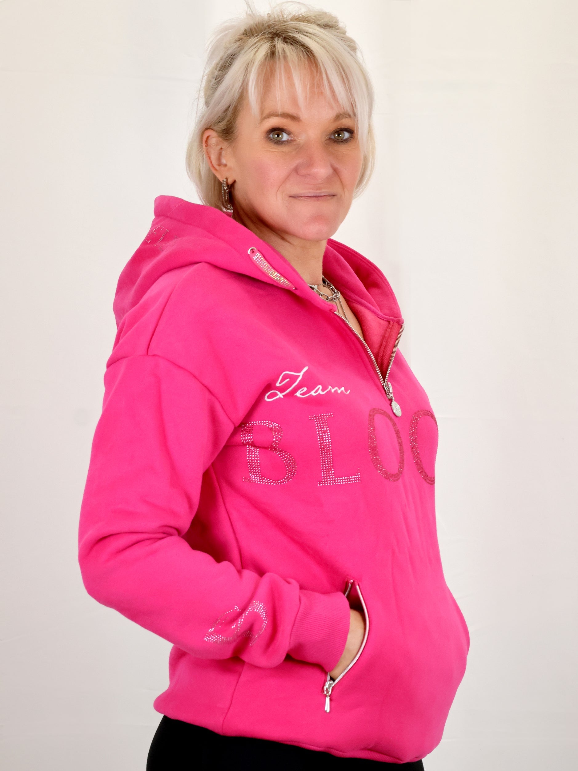 Luna - Rhinestone Logo Hoodie in Hot Pink