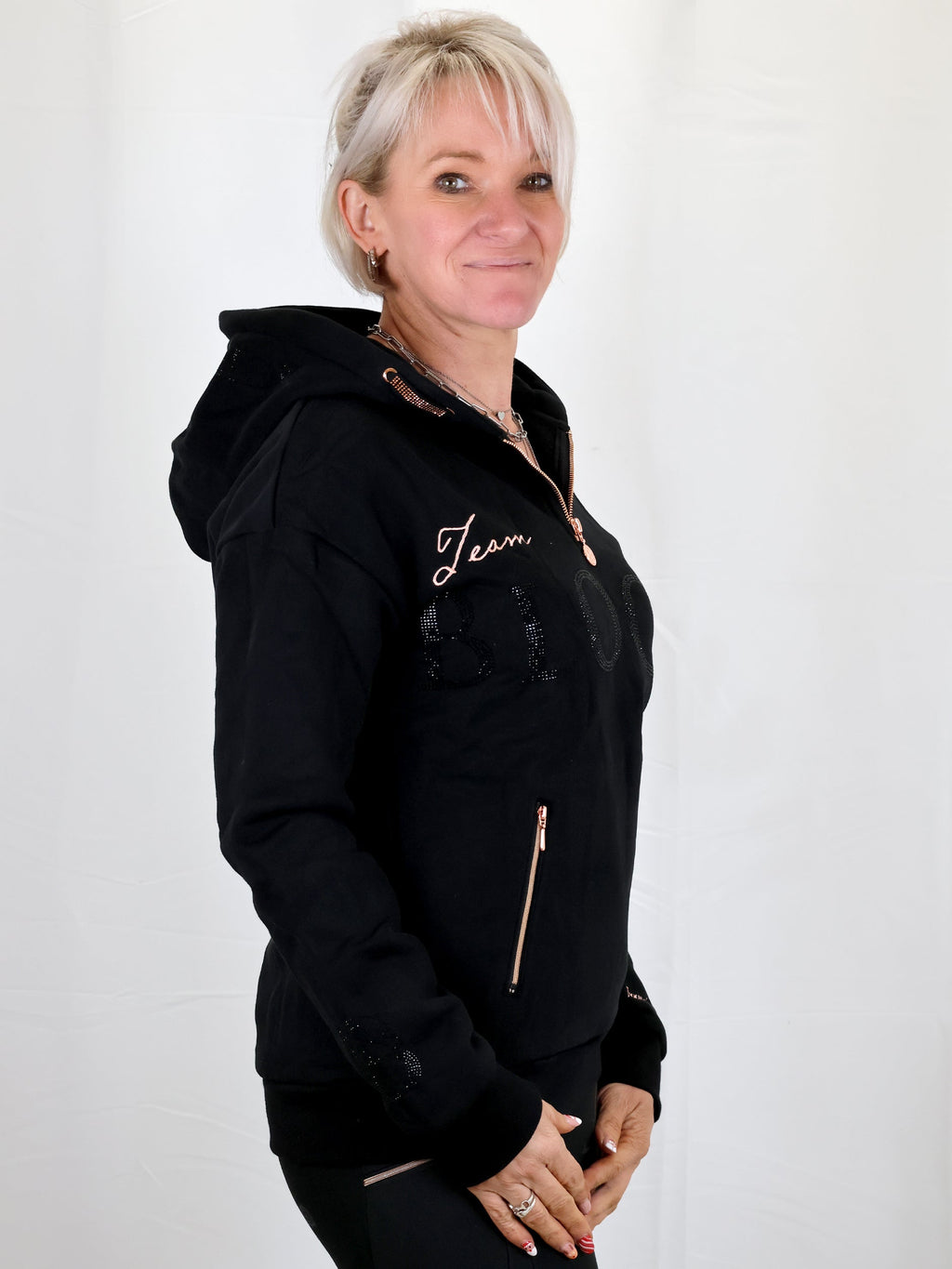 Luna - Rhinestone Logo Hoodie in Black & Rose Gold