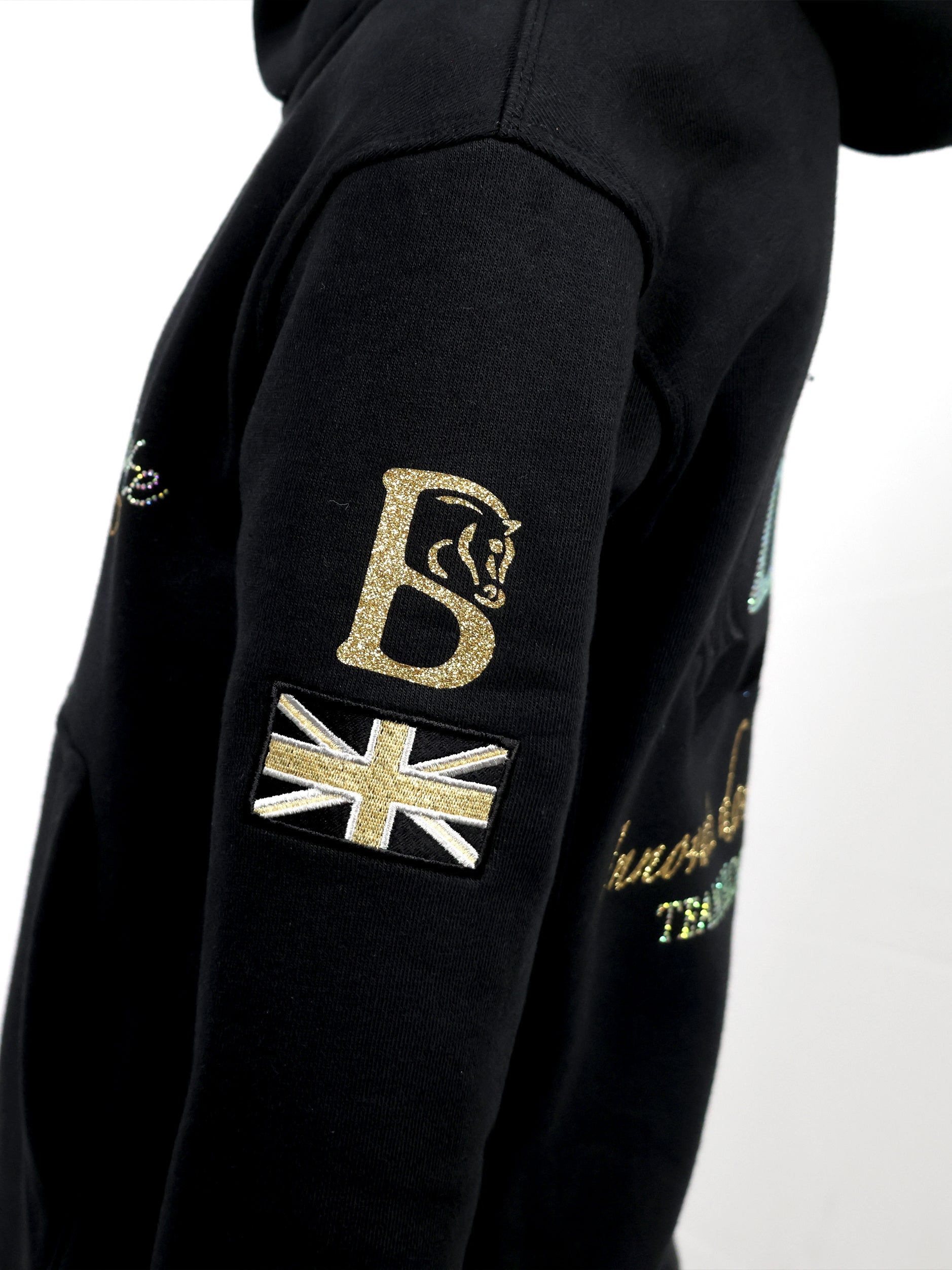 Kids Amelia Black With Rhinestones & Gold Cross Necked Hoodie