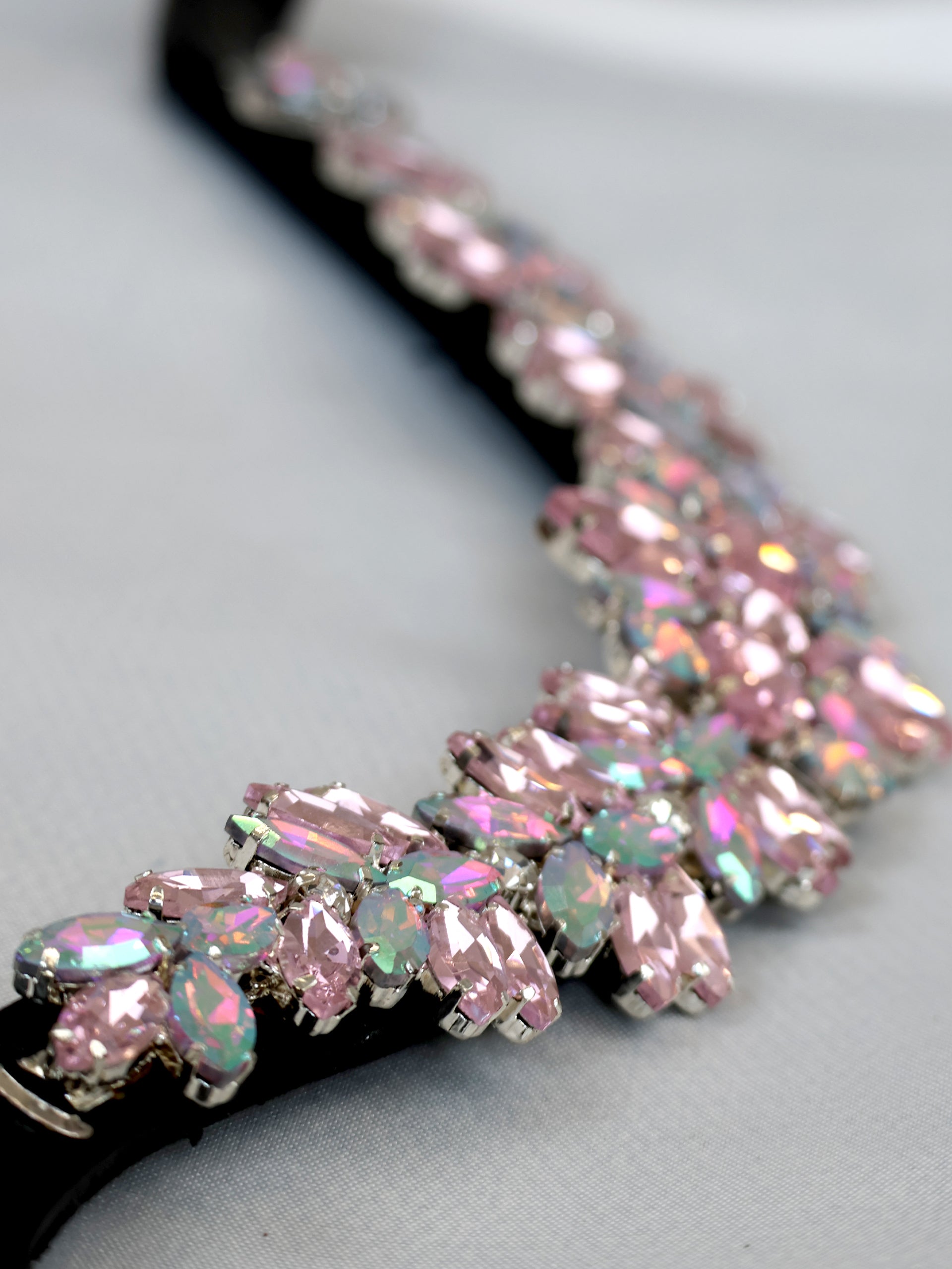 Browband- Pink & Iridescent Rainbow Crystal V Shape in Brown Leather