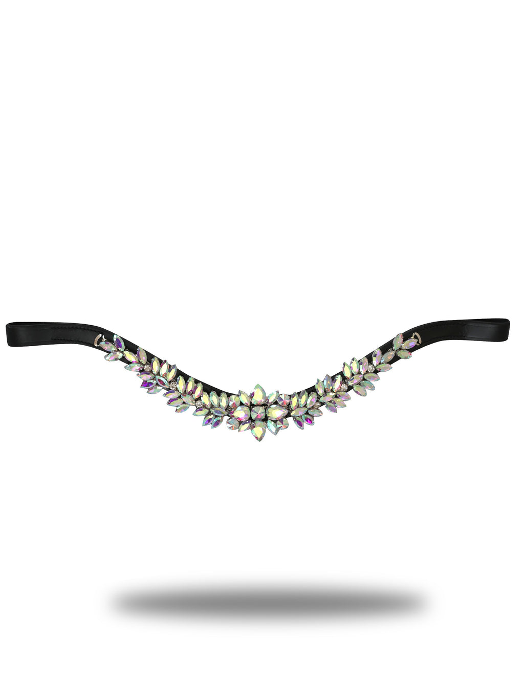 Browband- Iridescent Rainbow Crystal V Shape in Black Leather