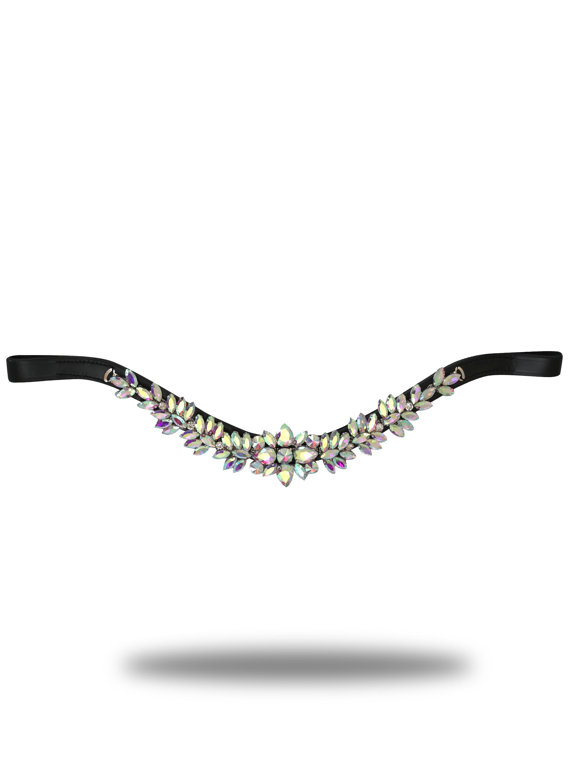 Browband- Iridescent Rainbow Crystal V Shape in Black Leather