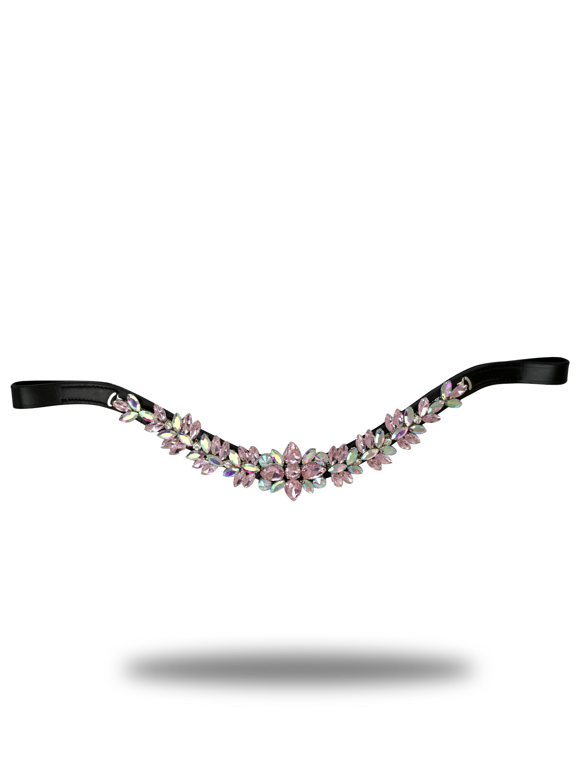 Browband- Pink & Iridescent Rainbow Crystal V Shape in Black Leather