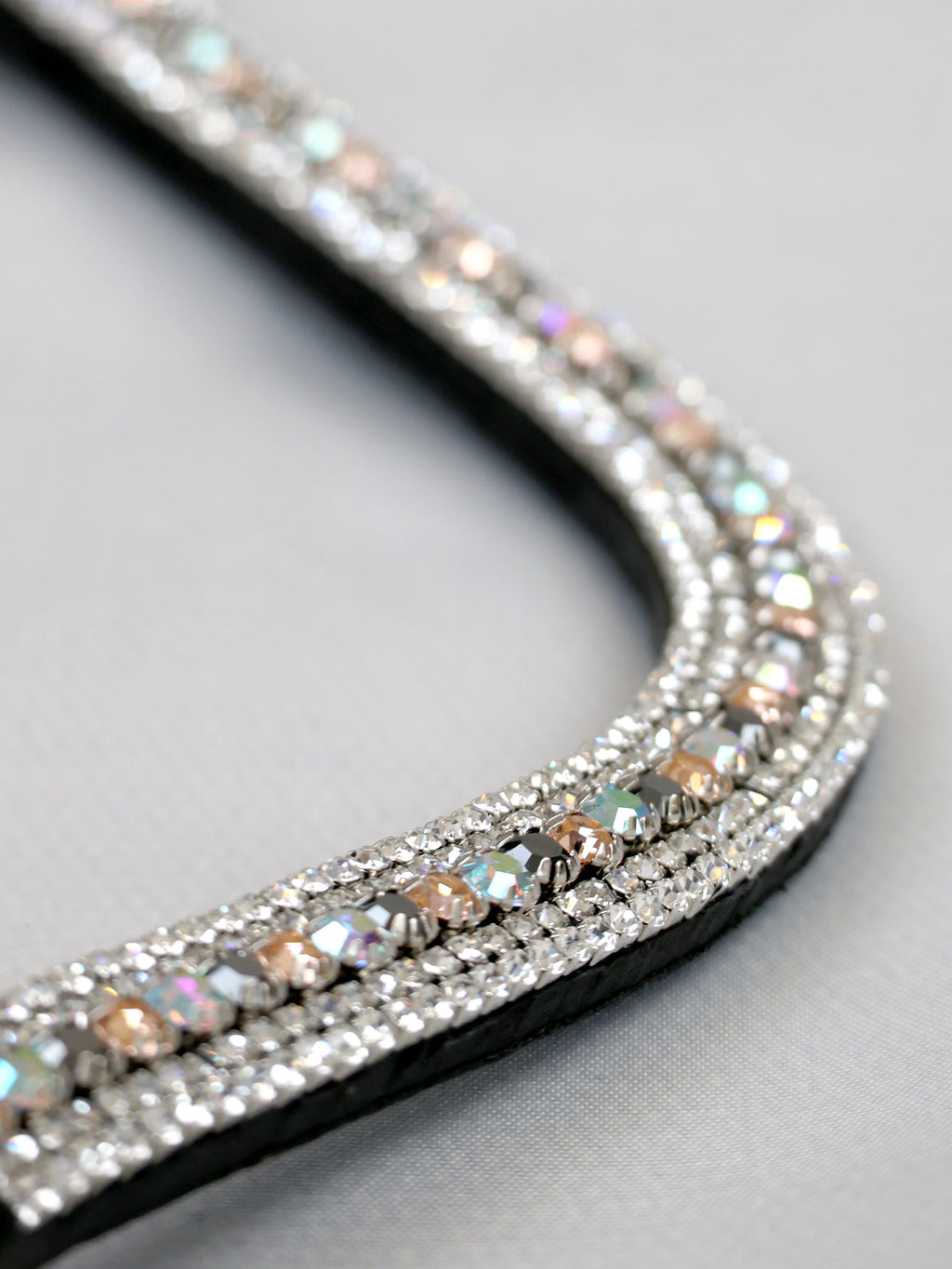 Browband- Silver & Champagne Crystal V Shape in Black Leather